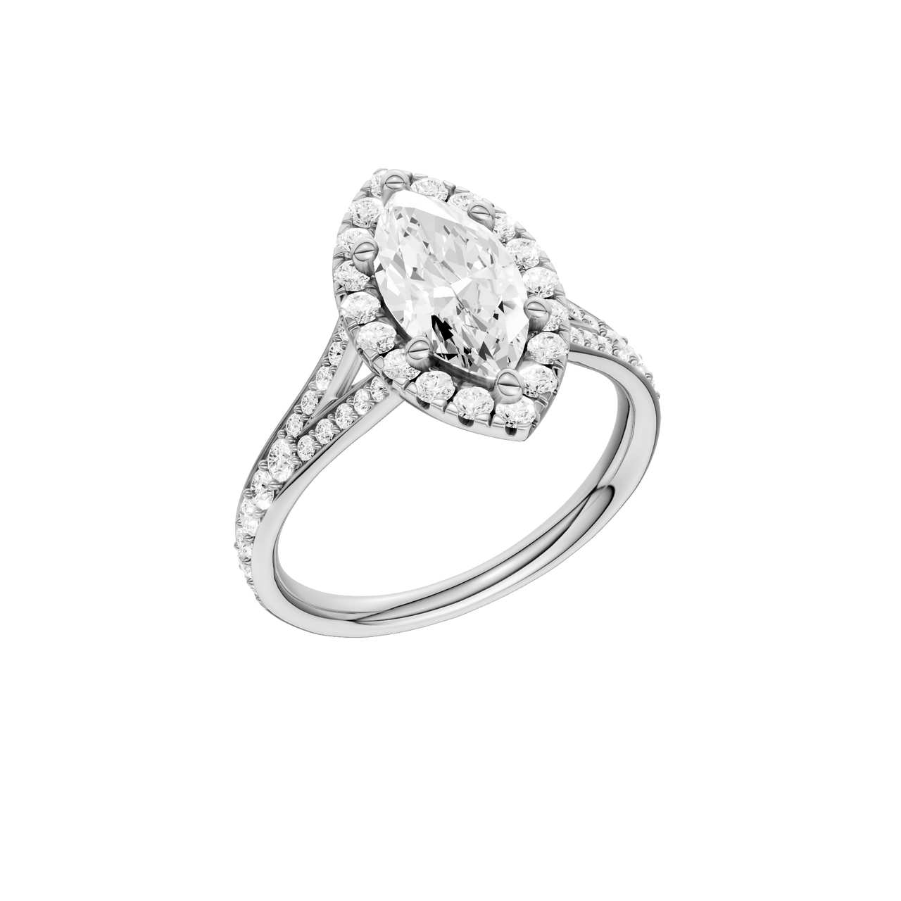 A three-quarter view of the Marquise cut diamond engagement ring in 14k white gold with a channel band and solitaire setting