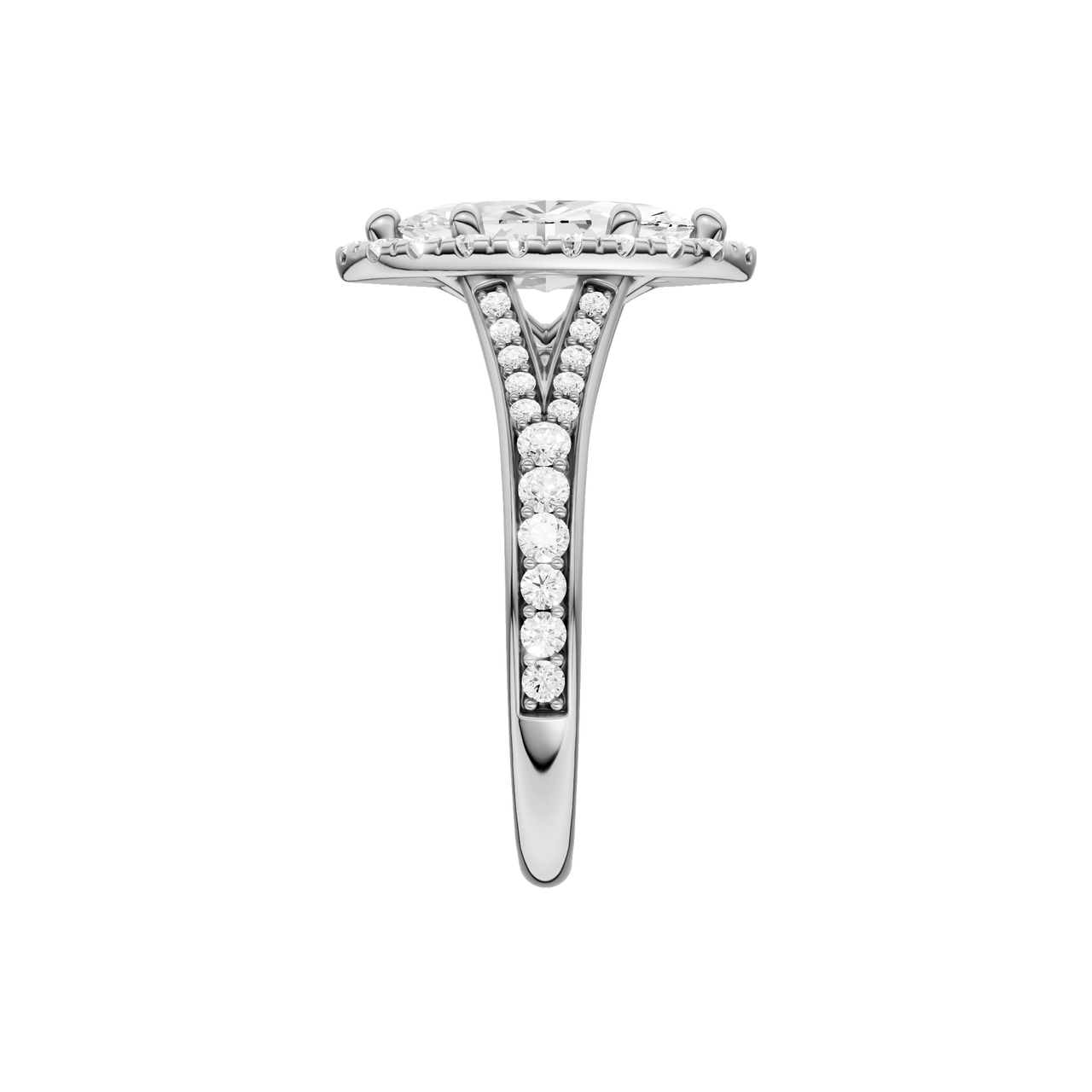 A side view of the Marquise cut diamond engagement ring in platinum with a channel band and solitaire setting