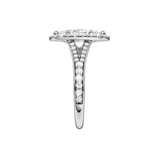 A side view of the Marquise cut diamond engagement ring in 14k white gold with a channel band and solitaire setting