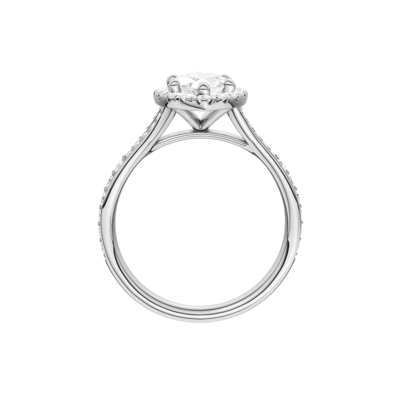 A profile view of the Marquise cut diamond engagement ring in platinum with a channel band and solitaire setting
