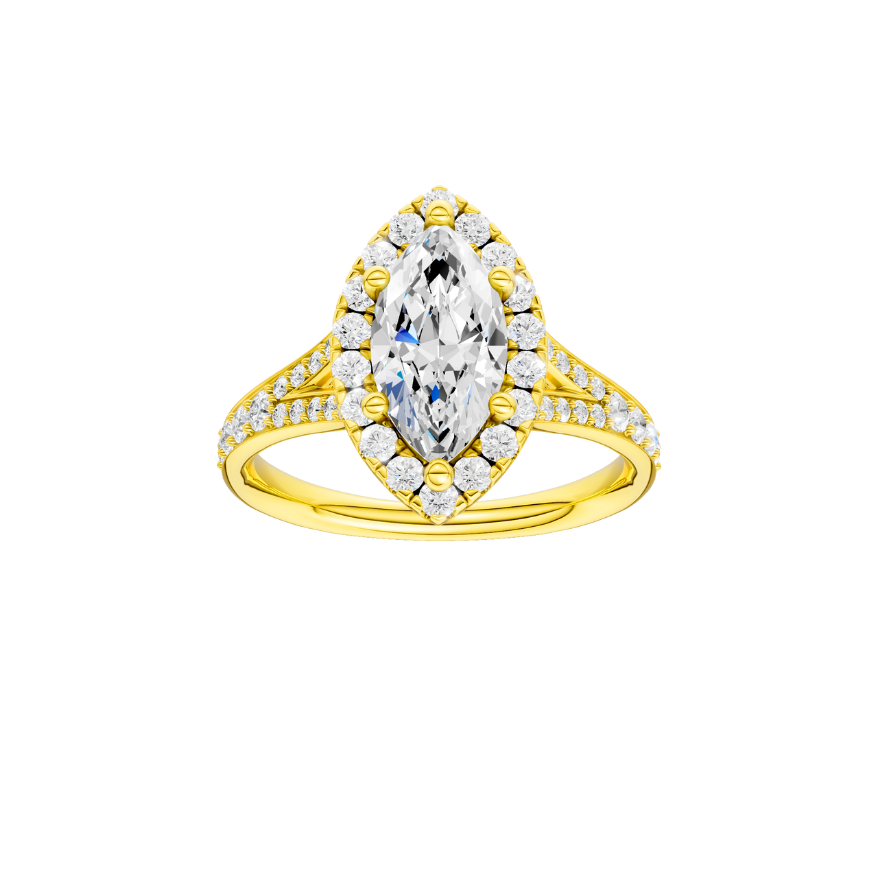 A front view of the Marquise cut diamond engagement ring in 14k yellow gold with a channel band and solitaire setting
