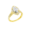 A three-quarter view of the Marquise cut diamond engagement ring in 14k yellow gold with a channel band and solitaire setting