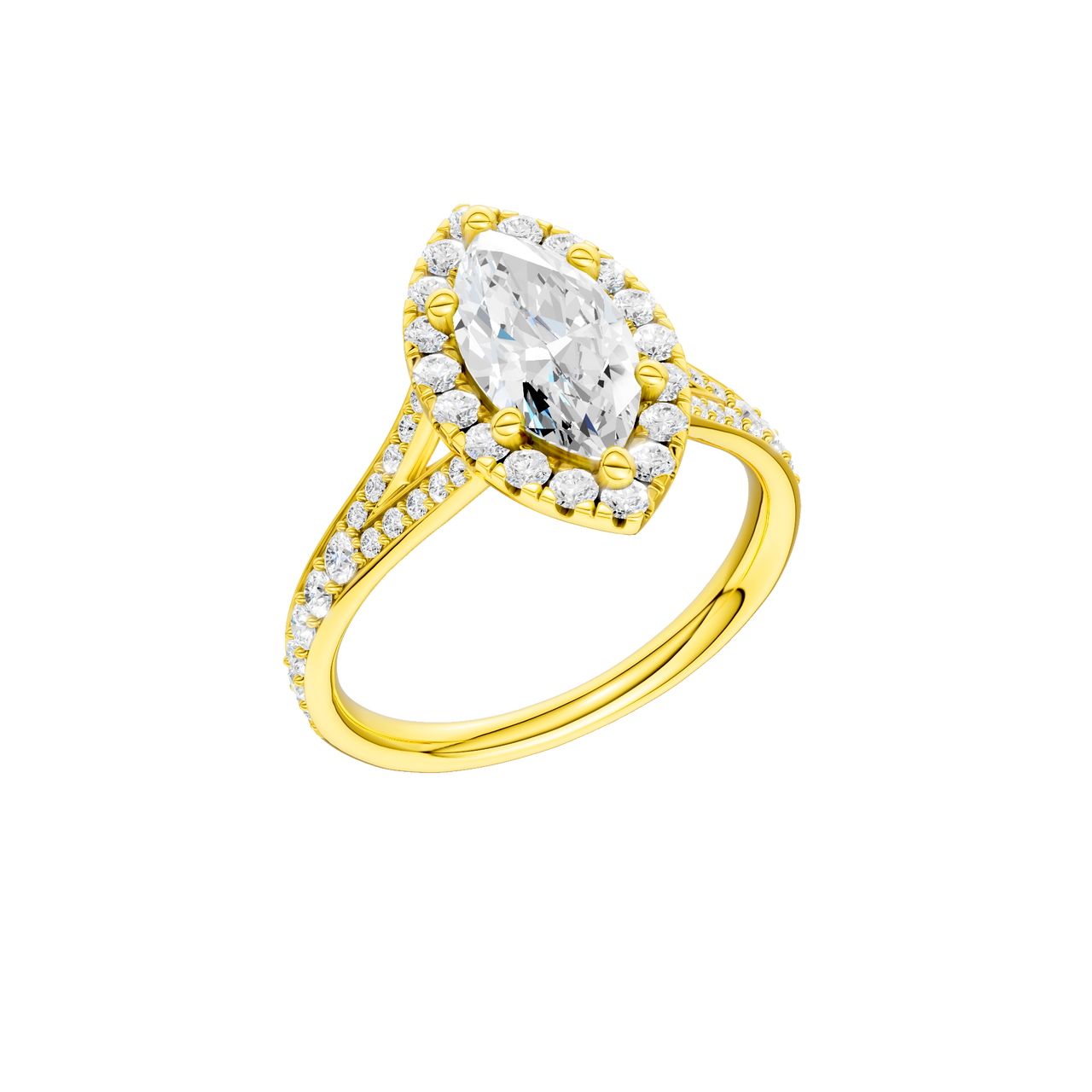 A three-quarter view of the Marquise cut diamond engagement ring in 14k yellow gold with a channel band and solitaire setting