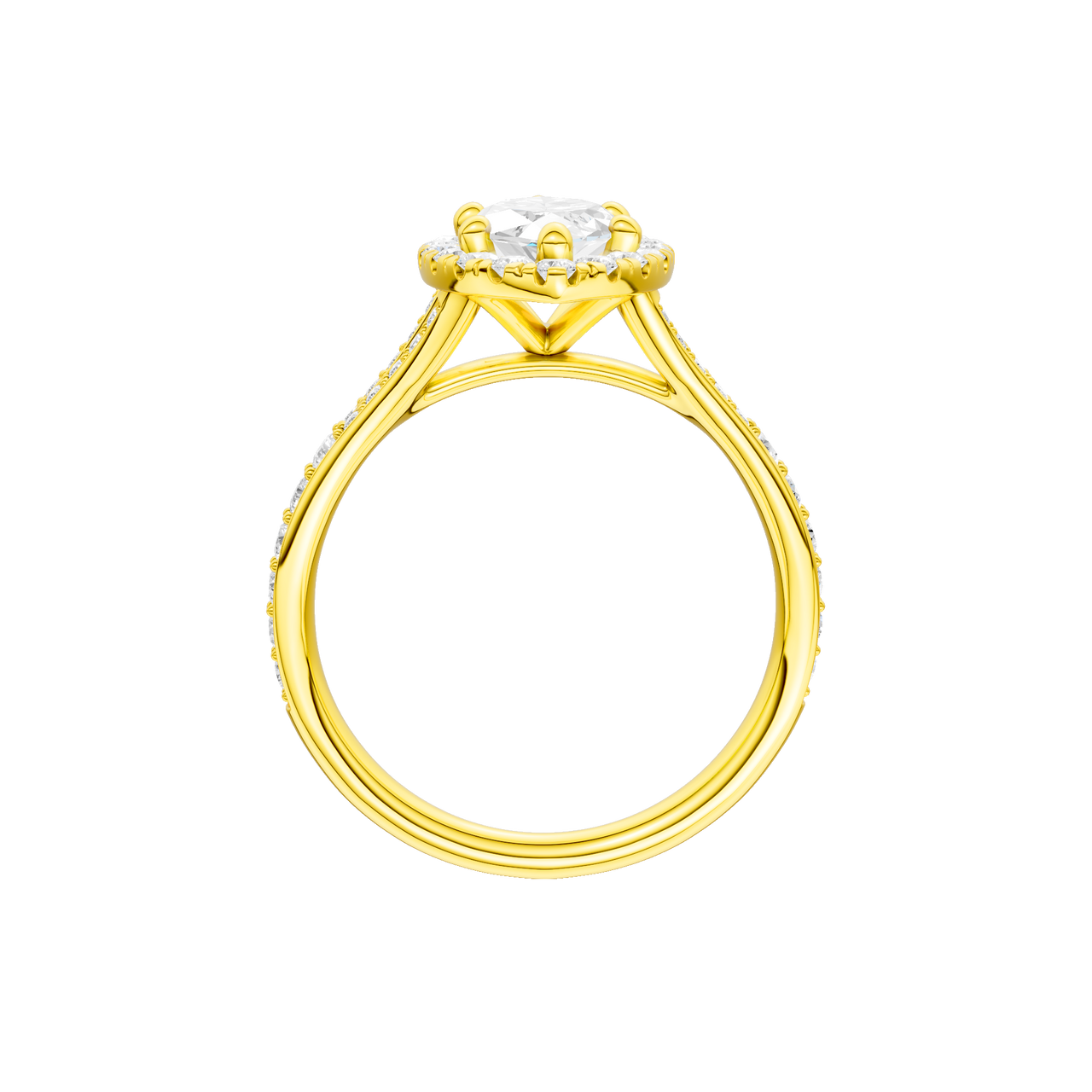 A profile view of the Marquise cut diamond engagement ring in 14k yellow gold with a channel band and solitaire setting