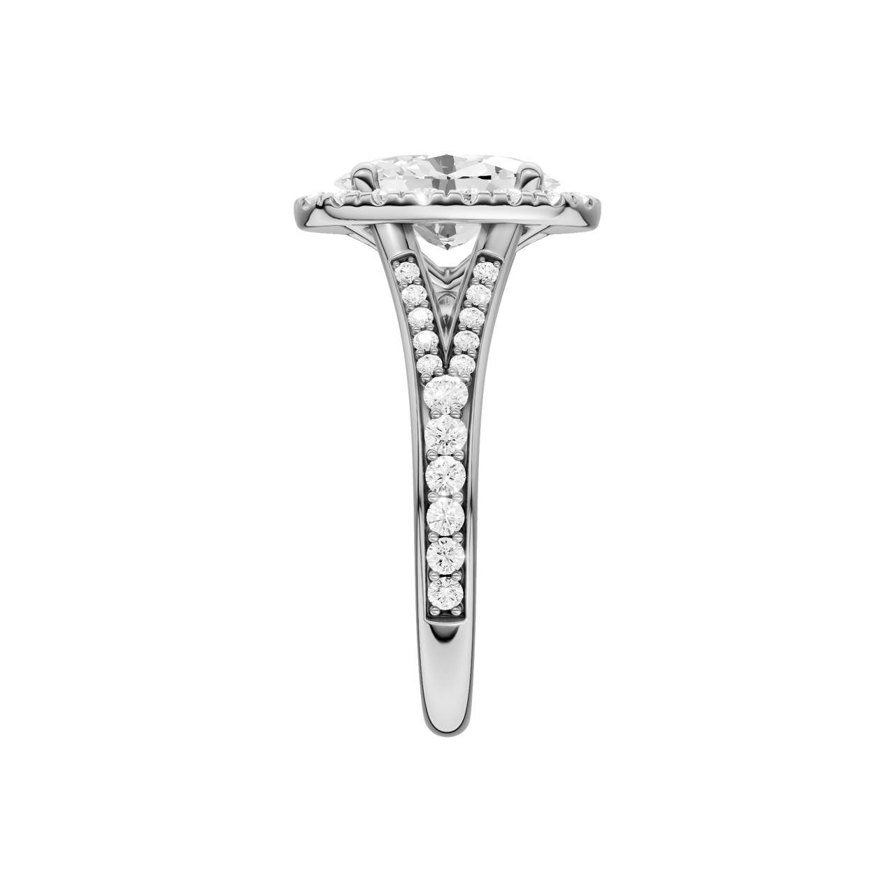 A side view of the Round cut diamond engagement ring in platinum with a plain band and solitaire setting