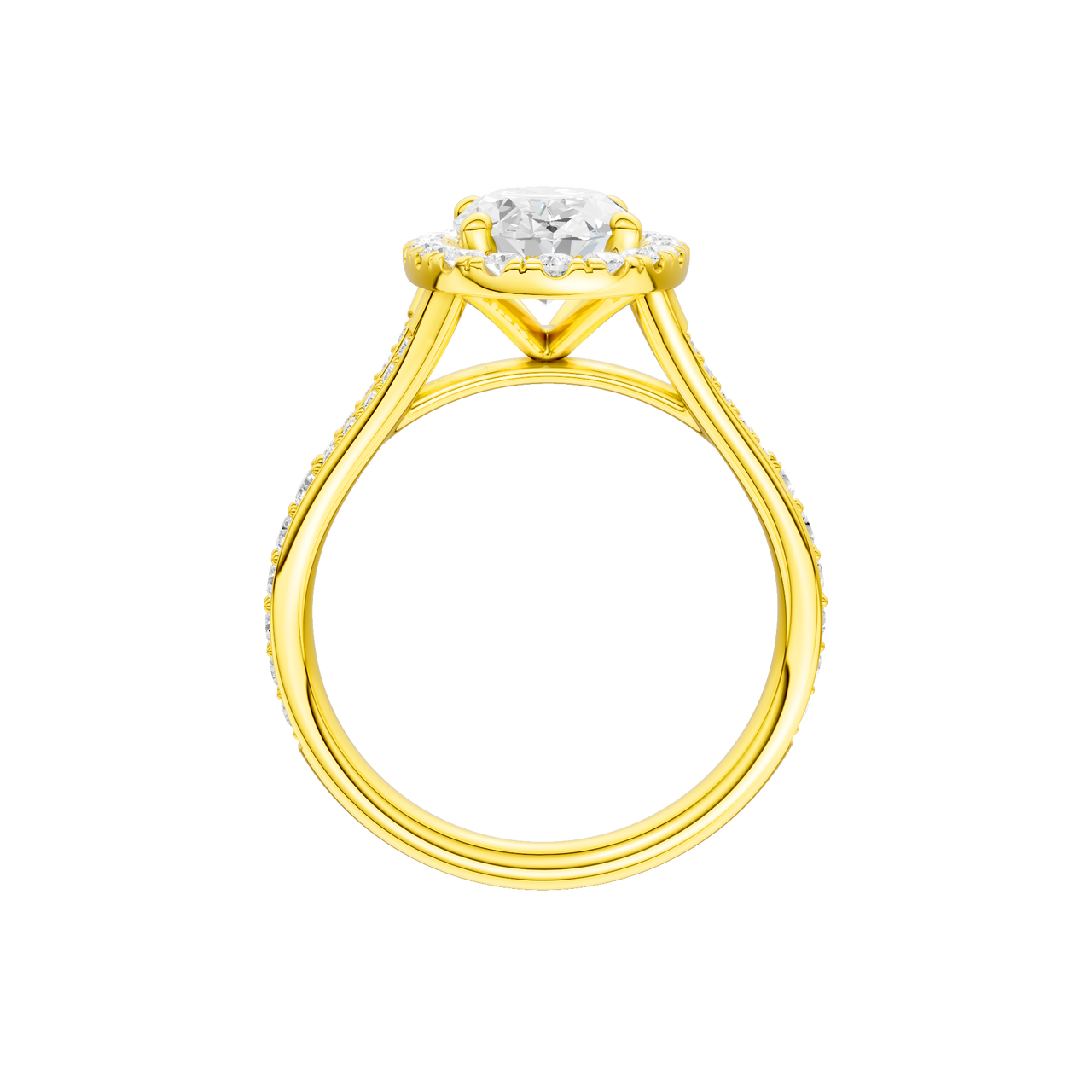 A profile view of the Round cut diamond engagement ring in 14k yellow gold with a plain band and solitaire setting