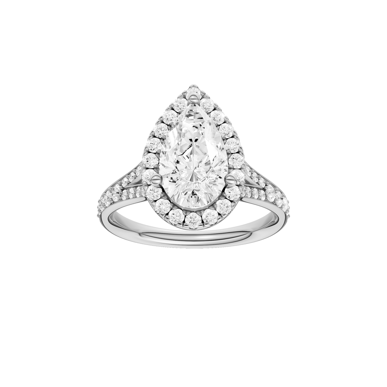 A front view of the Pear cut diamond engagement ring in 14k white gold with a diamond channel band and split setting