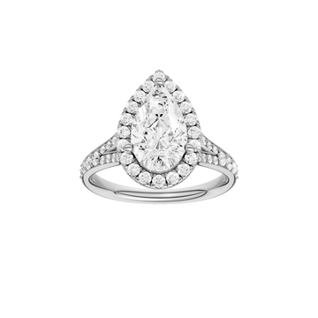 A front view of the Pear cut diamond engagement ring in 14k white gold with a diamond channel band and split setting