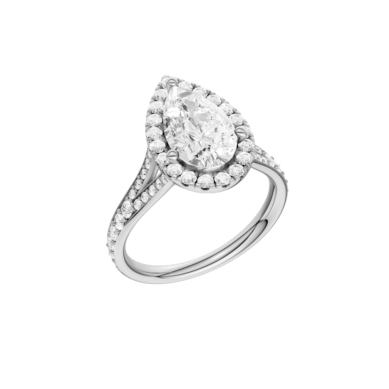 A three-quarter view of the Pear cut diamond engagement ring in 14k white gold with a diamond channel band and split setting