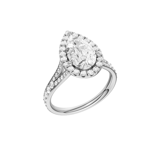 A three-quarter view of the Pear cut diamond engagement ring in platinum with a diamond channel band and split setting