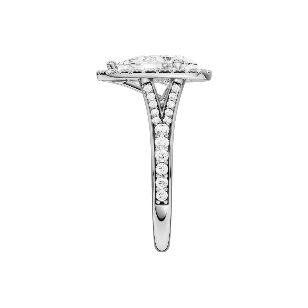 A side view of the Pear cut diamond engagement ring in 14k white gold with a diamond channel band and split setting