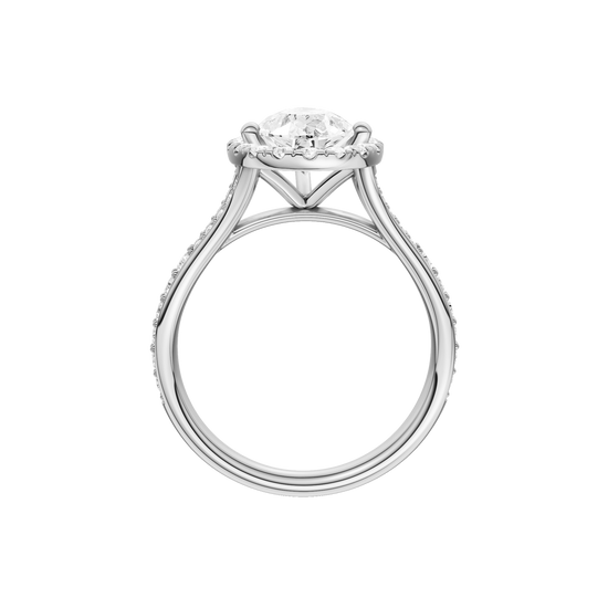 A profile view of the Pear cut diamond engagement ring in platinum with a diamond channel band and split setting