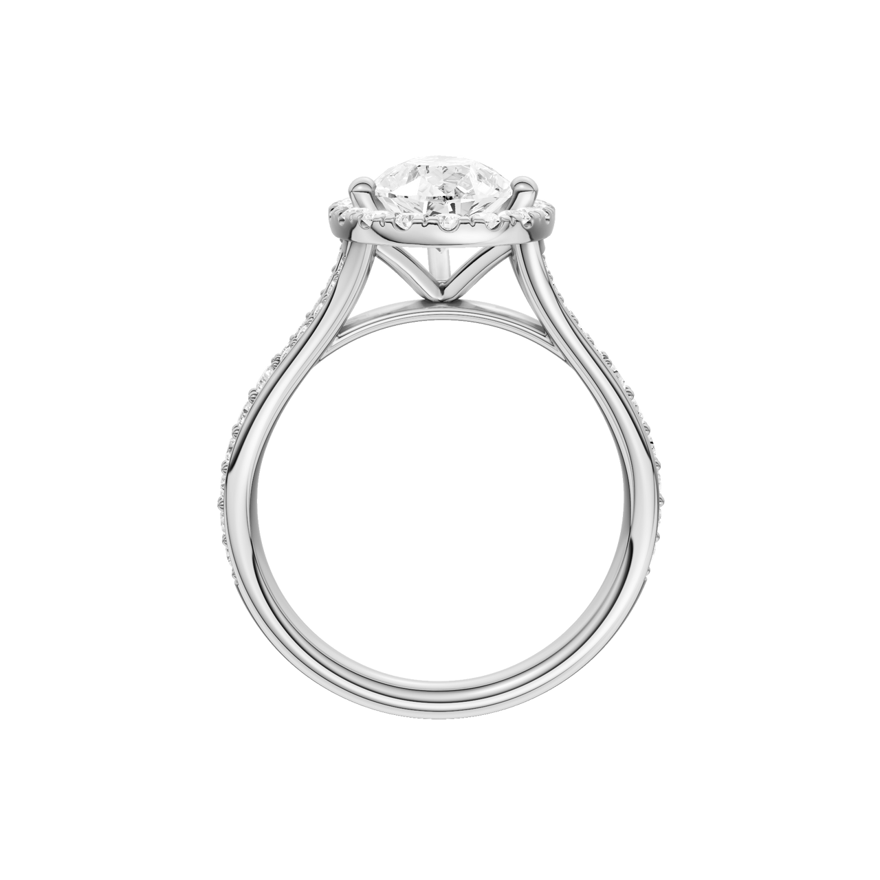 A profile view of the Pear cut diamond engagement ring in 14k white gold with a diamond channel band and split setting