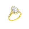 A three-quarter view of the Pear cut diamond engagement ring in 14k yellow gold with a diamond channel band and split setting