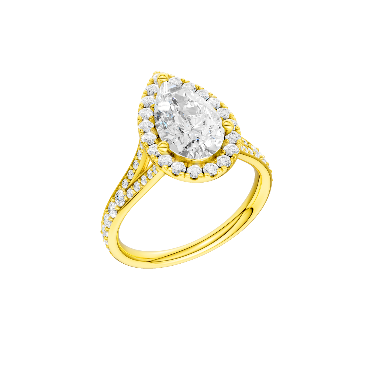 A three-quarter view of the Pear cut diamond engagement ring in 14k yellow gold with a diamond channel band and split setting