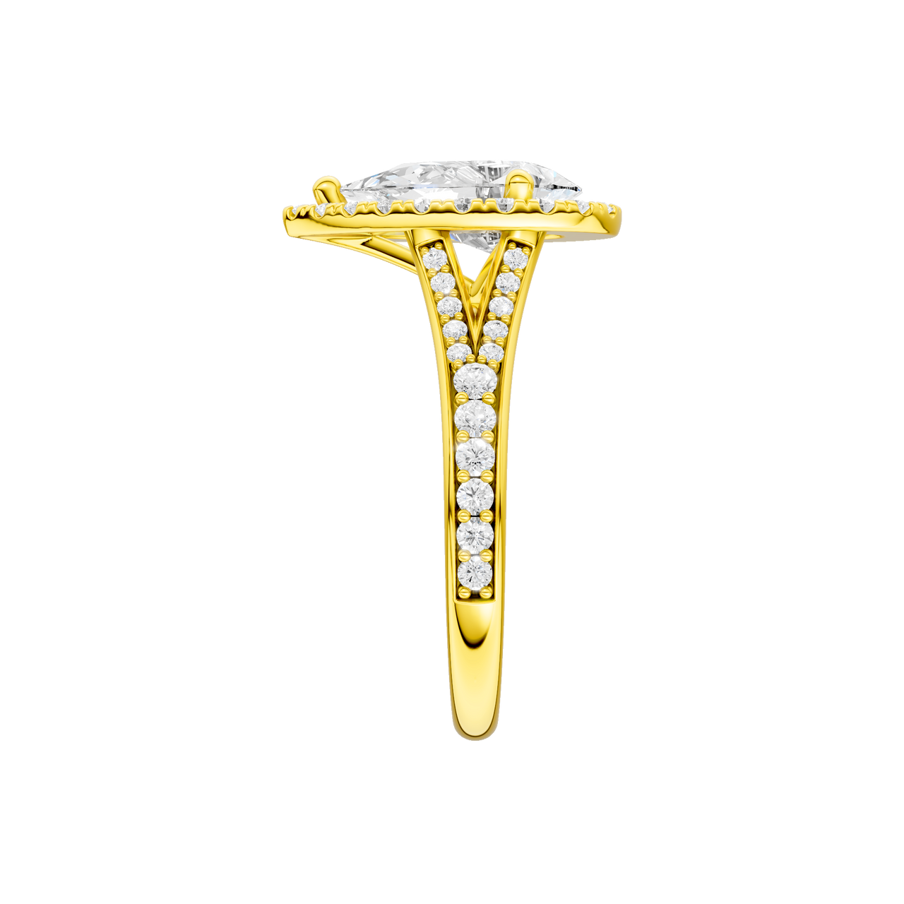 A side view of the Pear cut diamond engagement ring in 14k yellow gold with a diamond channel band and split setting