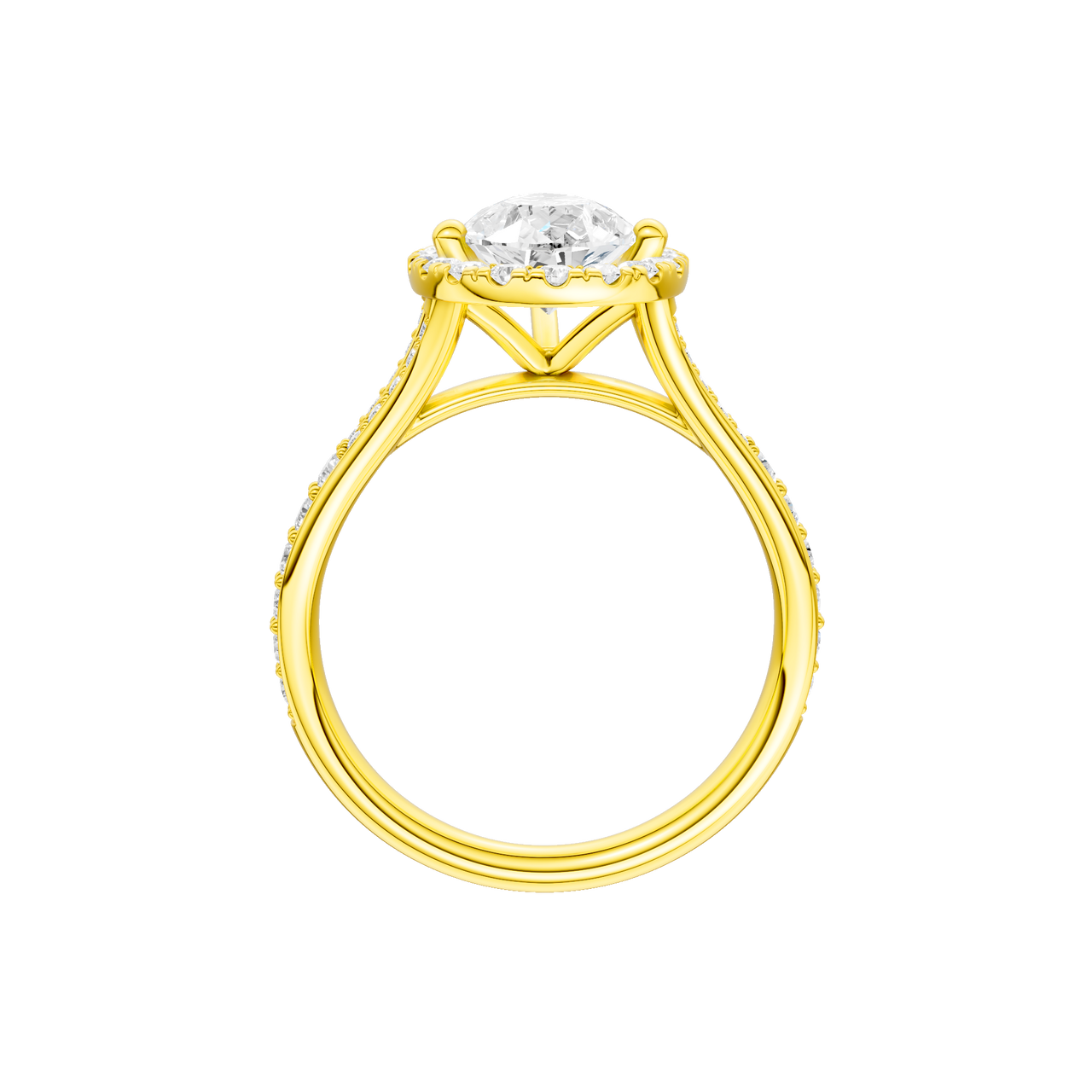 A profile view of the Pear cut diamond engagement ring in 14k yellow gold with a diamond channel band and split setting