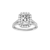 A front view of the Radiant cut diamond engagement ring in 14k white gold with a diamond channel band and split setting