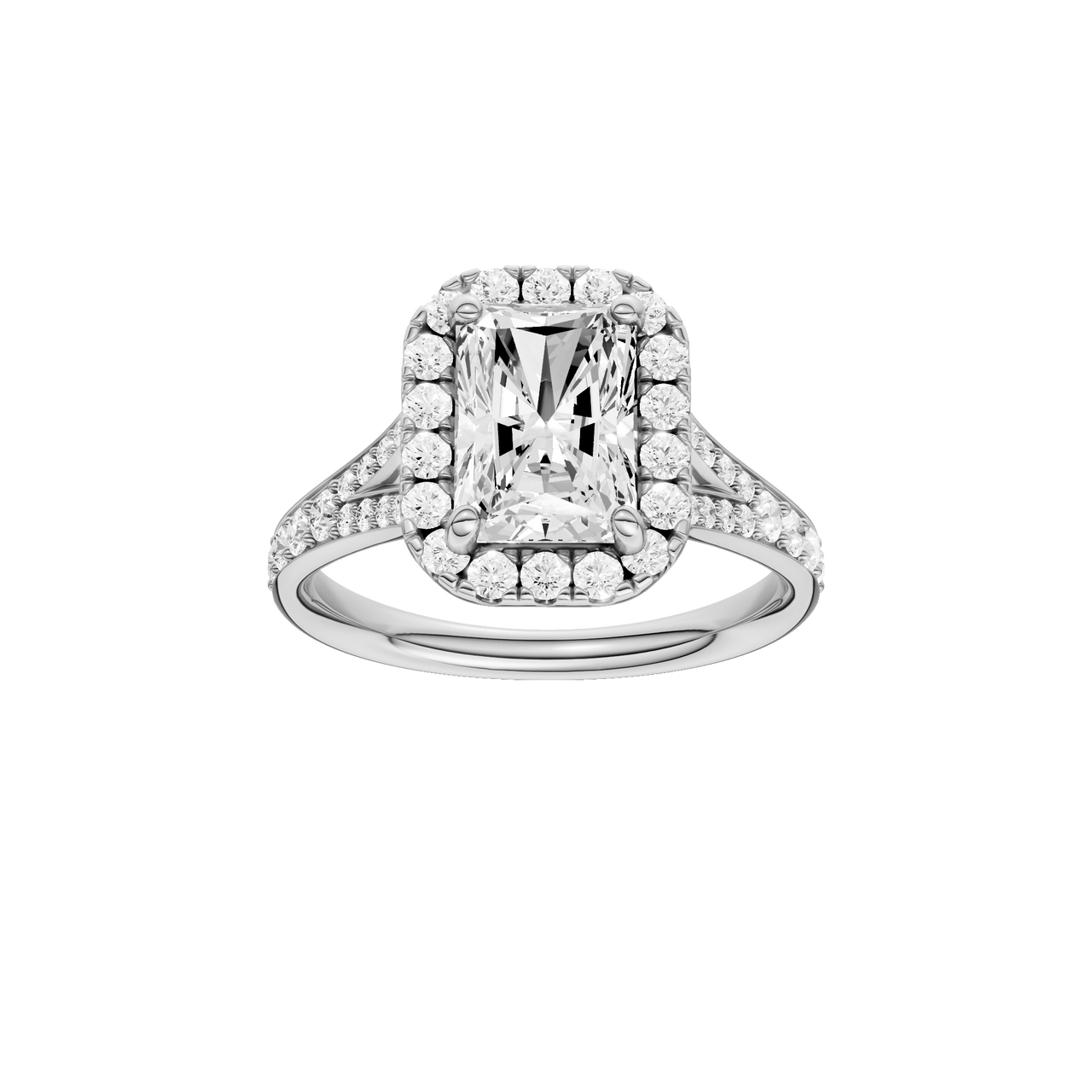 A front view of the Radiant cut diamond engagement ring in 14k white gold with a diamond channel band and split setting