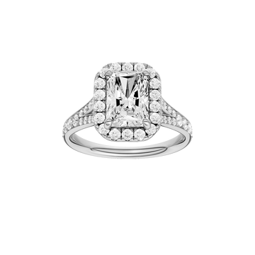 A front view of the Radiant cut diamond engagement ring in 14k white gold with a diamond channel band and split setting