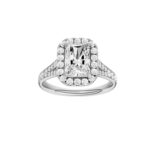 A front view of the Radiant cut diamond engagement ring in 14k white gold with a diamond channel band and split setting