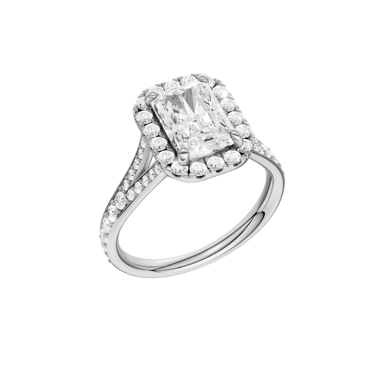 A three-quarter view of the Radiant cut diamond engagement ring in platinum with a diamond channel band and split setting