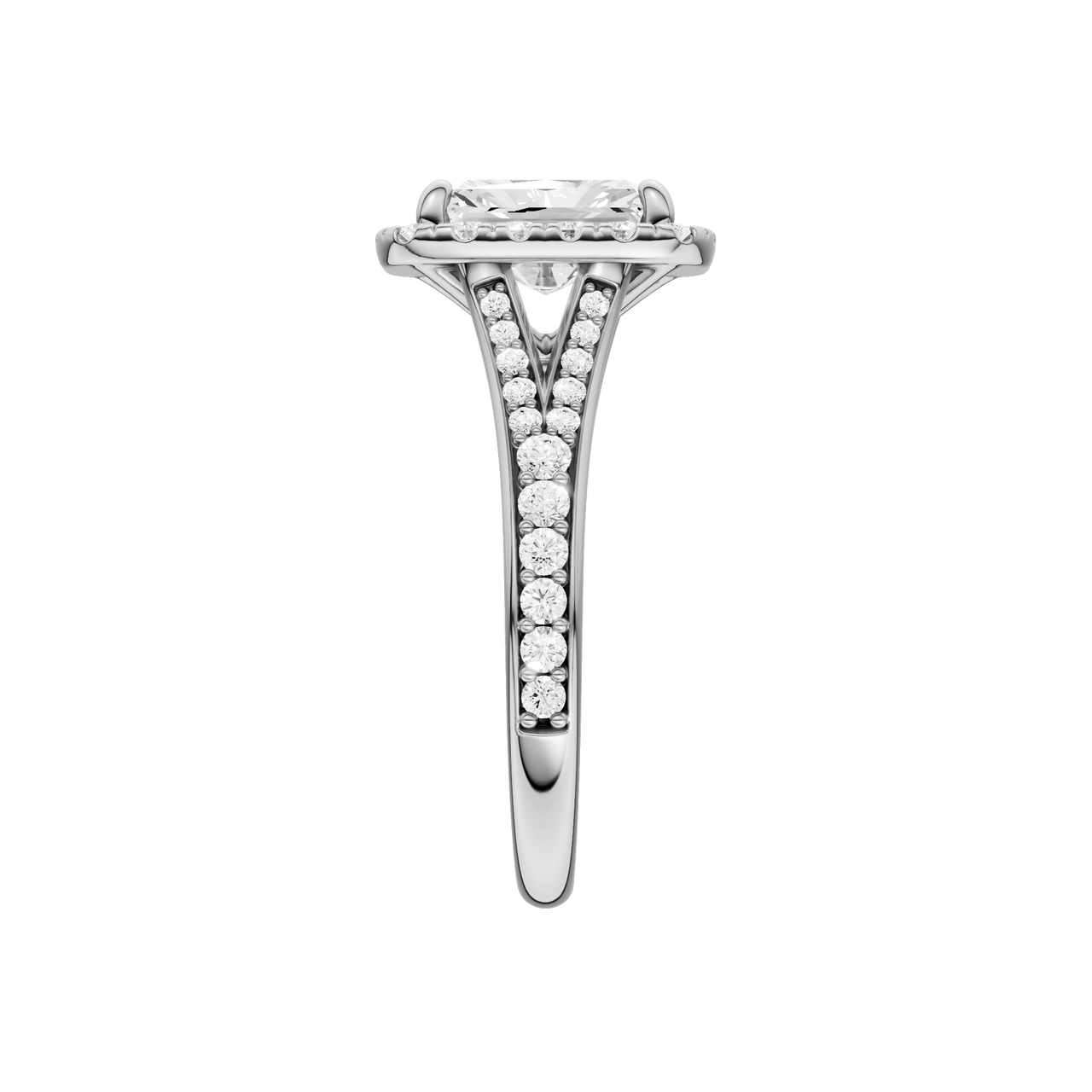 A side view of the Radiant cut diamond engagement ring in platinum with a diamond channel band and split setting
