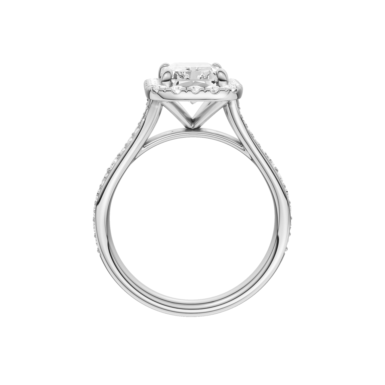 A profile view of the Radiant cut diamond engagement ring in platinum with a diamond channel band and split setting