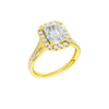 A three-quarter view of the Radiant cut diamond engagement ring in 14k yellow gold with a diamond channel band and split setting