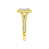 A side view of the Radiant cut diamond engagement ring in 14k yellow gold with a diamond channel band and split setting