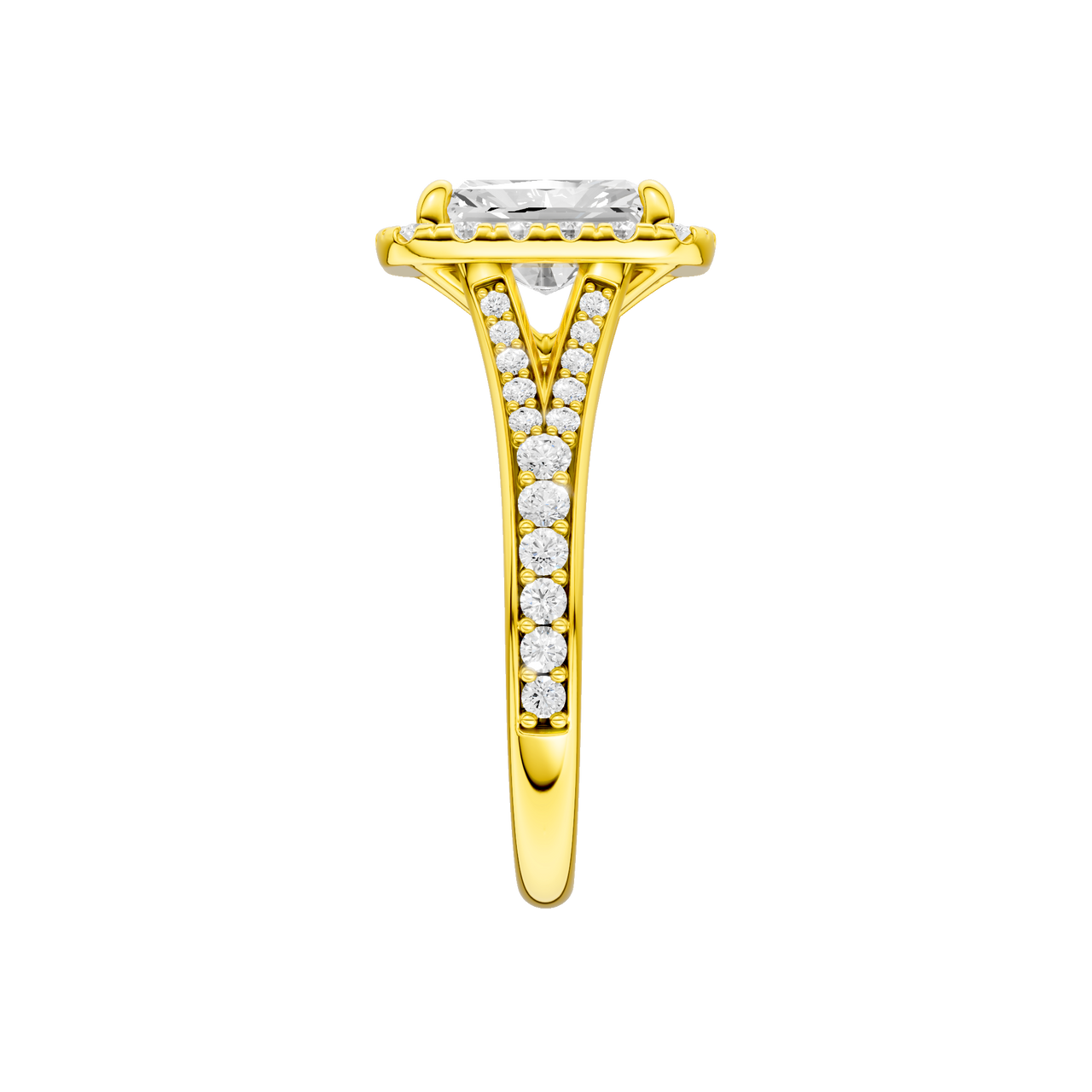 A side view of the Radiant cut diamond engagement ring in 14k yellow gold with a diamond channel band and split setting