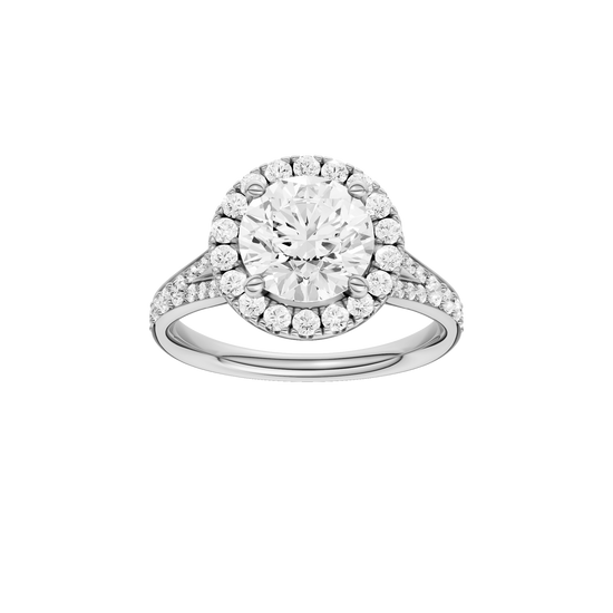 A front view of the Round cut diamond engagement ring in platinum with a diamond channel band and split setting