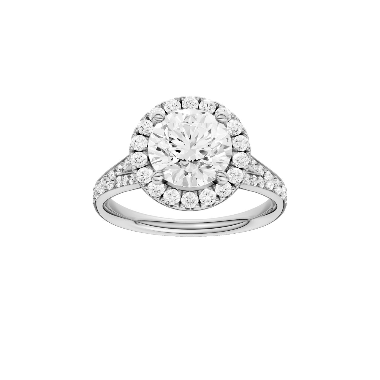 A front view of the Round cut diamond engagement ring in 14k white gold with a diamond channel band and split setting
