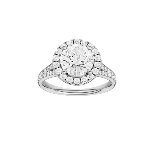 A front view of the Round cut diamond engagement ring in 14k white gold with a diamond channel band and split setting