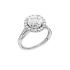 A three-quarter view of the Round cut diamond engagement ring in 14k white gold with a diamond channel band and split setting