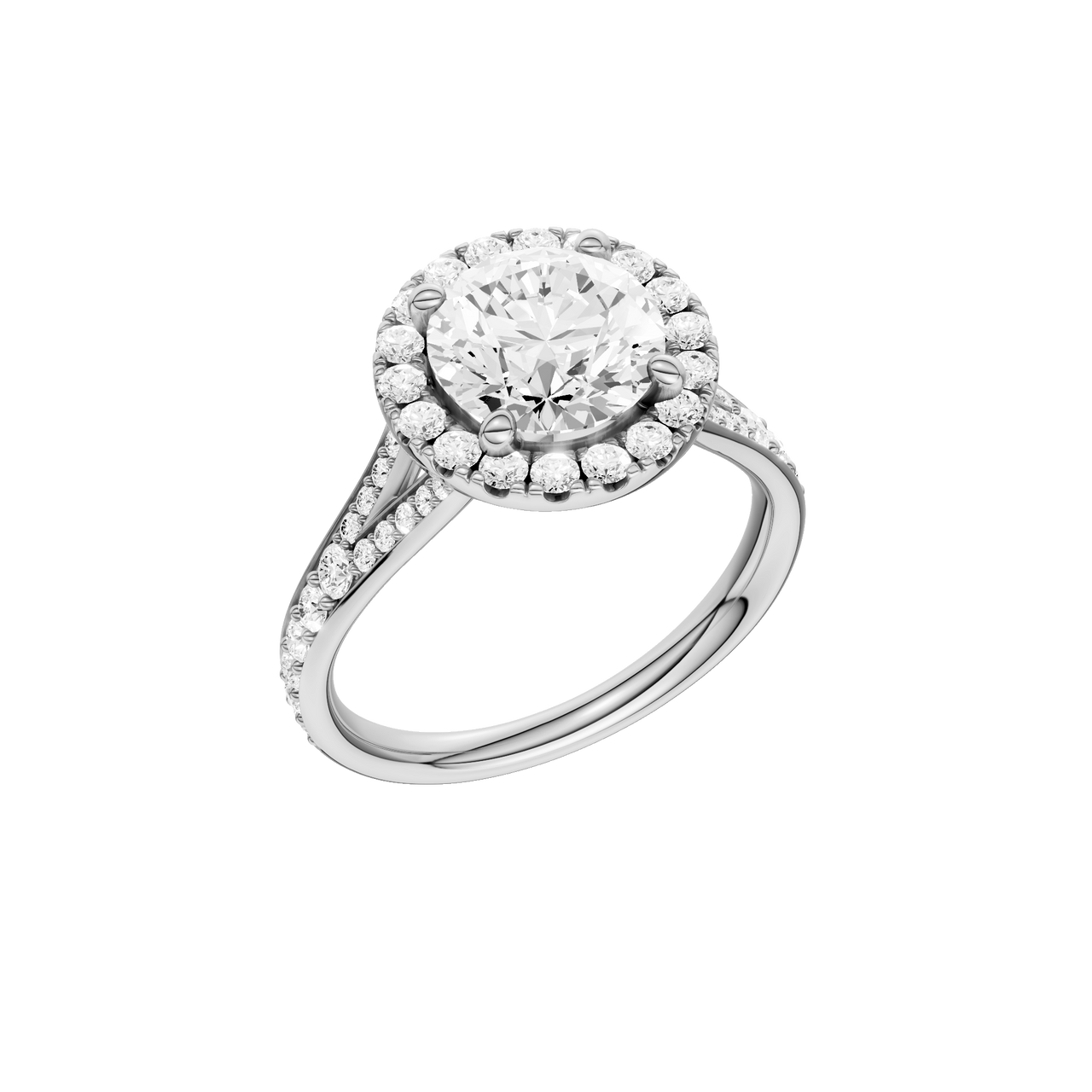A three-quarter view of the Round cut diamond engagement ring in 14k white gold with a diamond channel band and split setting