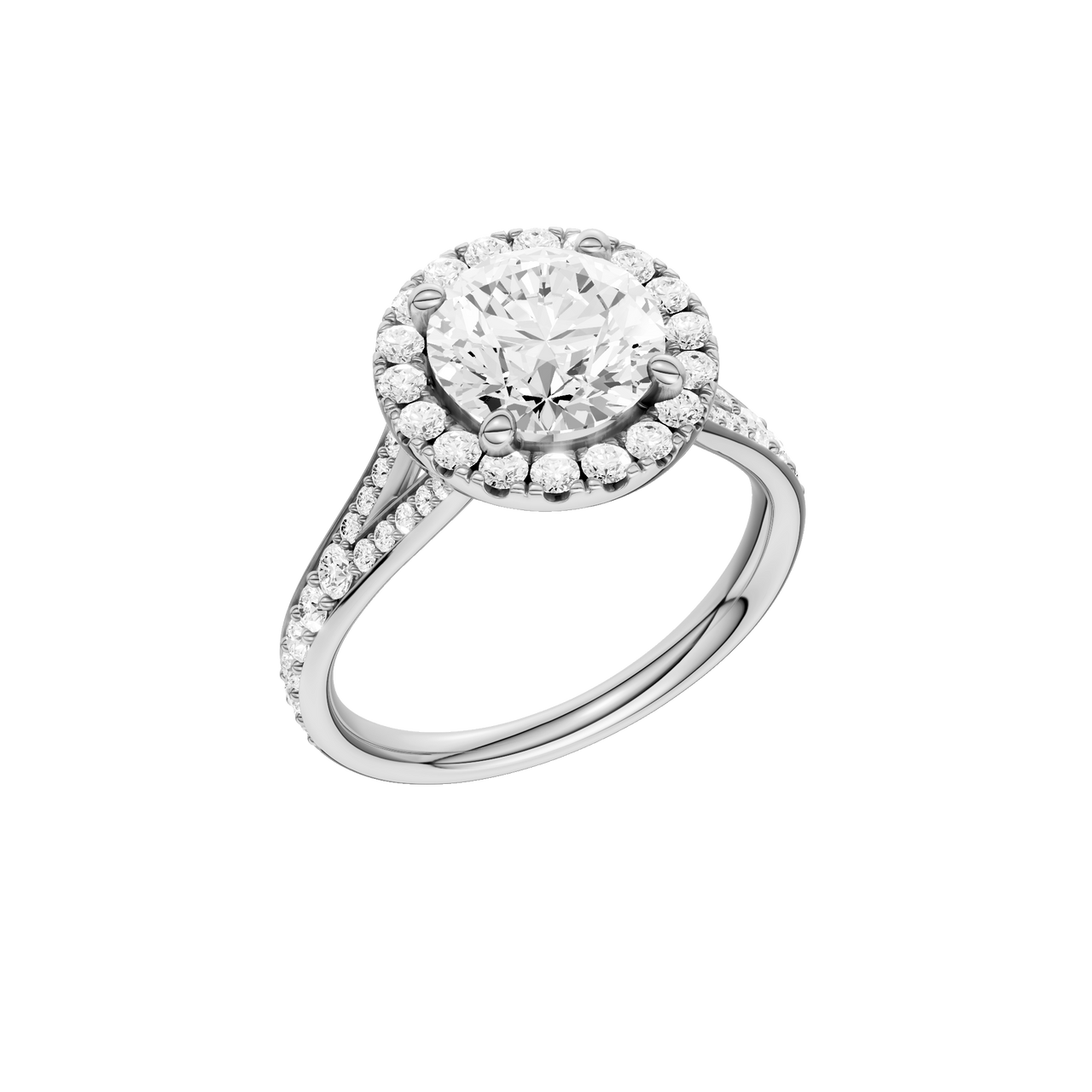 A three-quarter view of the Round cut diamond engagement ring in platinum with a diamond channel band and split setting