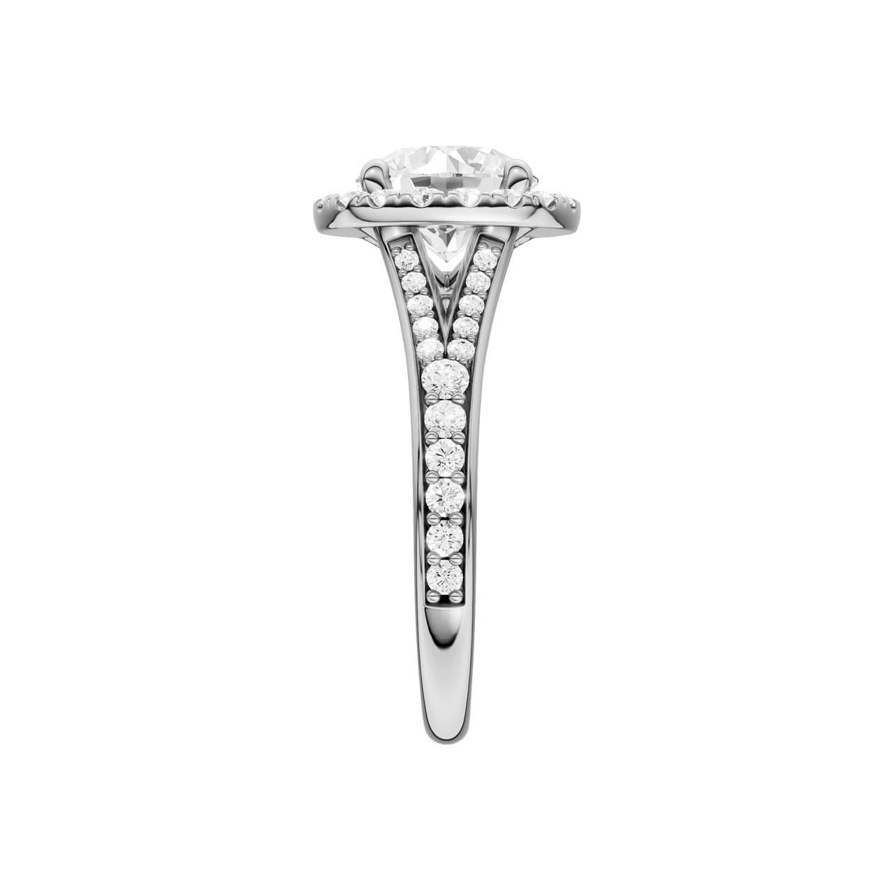 A side view of the Round cut diamond engagement ring in 14k white gold with a diamond channel band and split setting