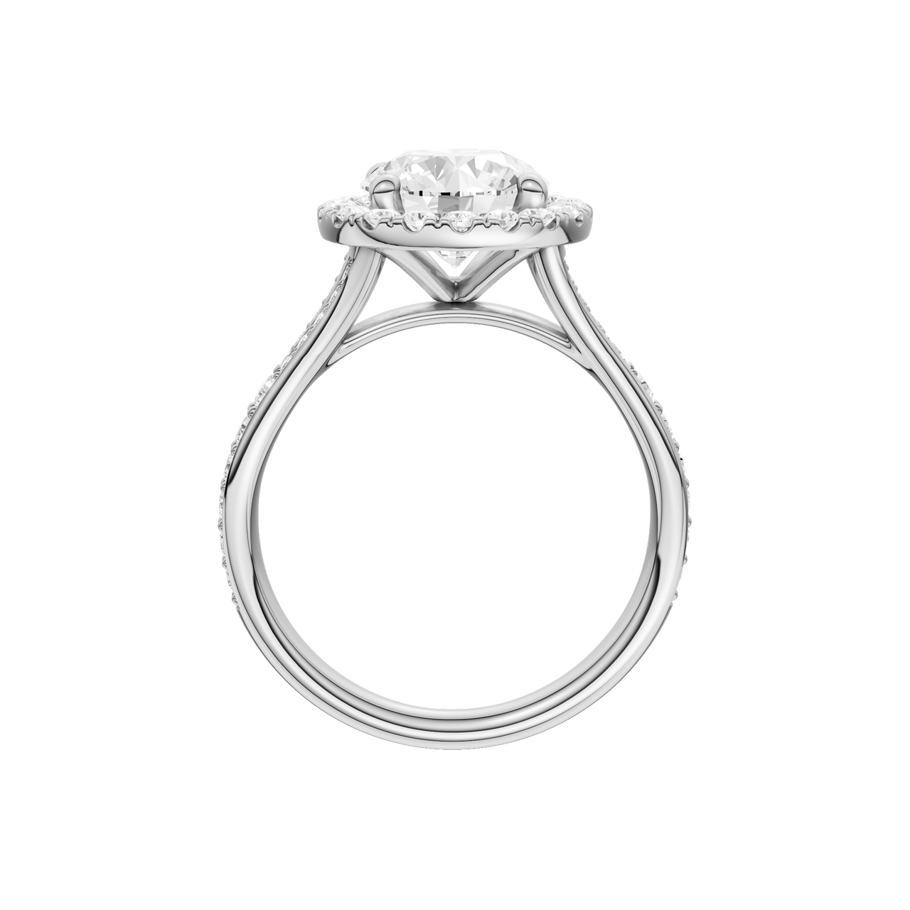 A profile view of the Round cut diamond engagement ring in 14k white gold with a diamond channel band and split setting