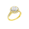 A three-quarter view of the Round cut diamond engagement ring in 14k yellow gold with a diamond channel band and split setting