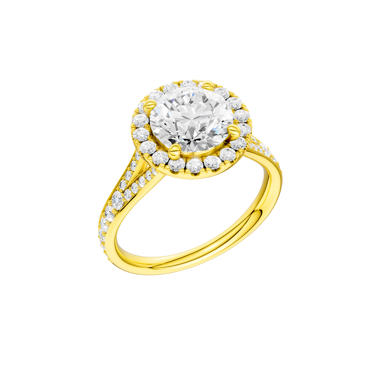 A three-quarter view of the Round cut diamond engagement ring in 14k yellow gold with a diamond channel band and split setting
