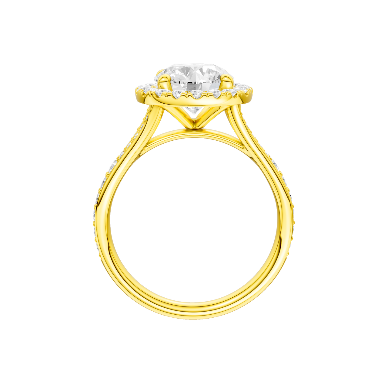 A profile view of the Round cut diamond engagement ring in 14k yellow gold with a diamond channel band and split setting