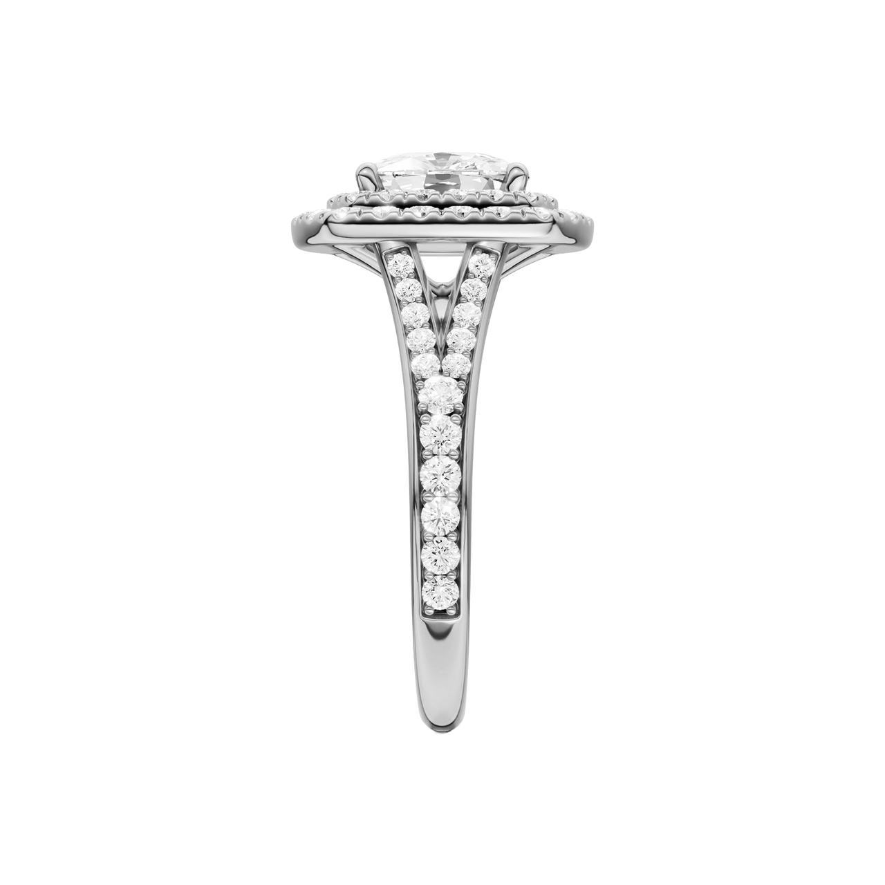 A side view of the Elongated Cushion cut diamond engagement ring in 14k white gold  with a channel band and double halo setting