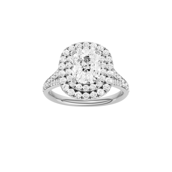 A front view of the Elongated Cushion cut diamond engagement ring in 14k white gold  with a channel band and double halo setting