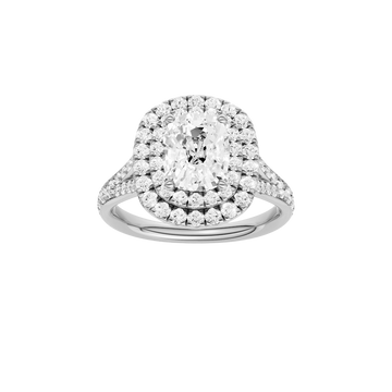 A front view of the Elongated Cushion cut diamond engagement ring in 14k white gold  with a channel band and double halo setting