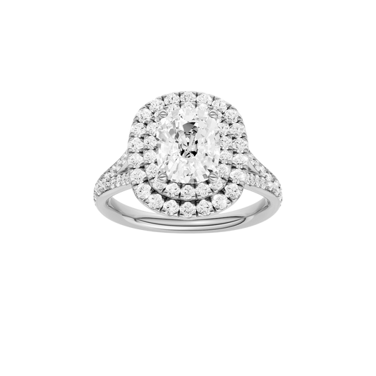 A front view of the Elongated Cushion cut diamond engagement ring in 14k white gold  with a channel band and double halo setting