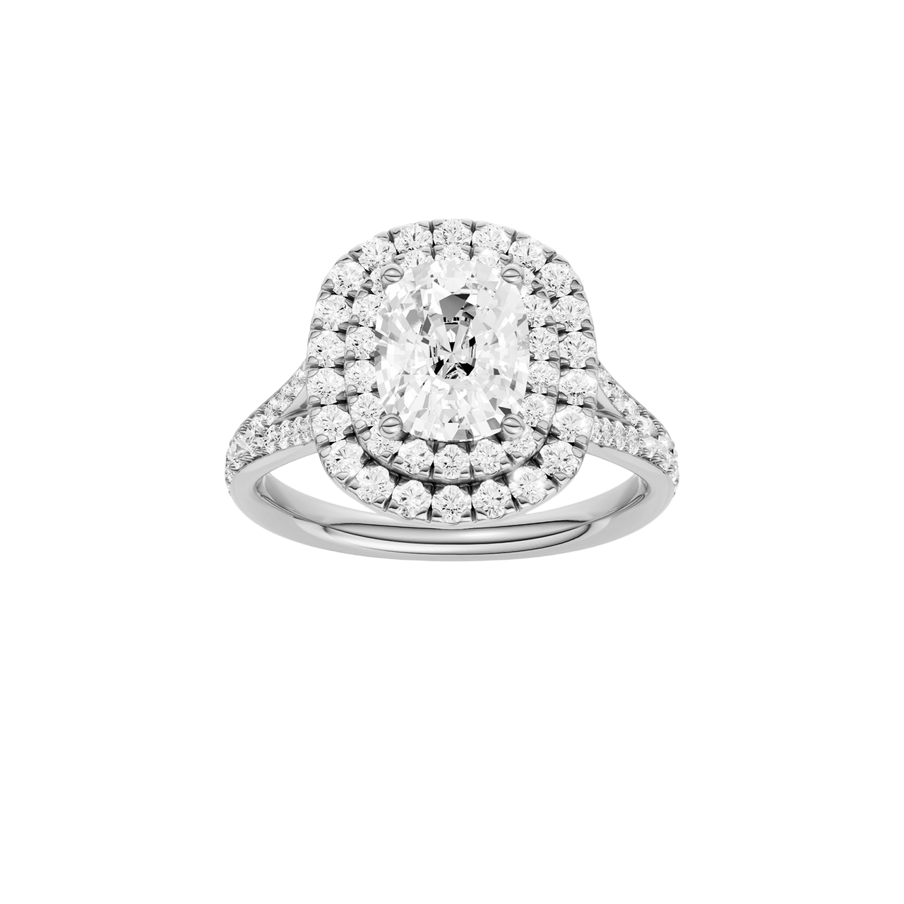A front view of the Elongated Cushion cut diamond engagement ring in platinum with a channel band and double halo setting