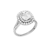 A three-quarter view of the Elongated Cushion cut diamond engagement ring in platinum with a channel band and double halo setting