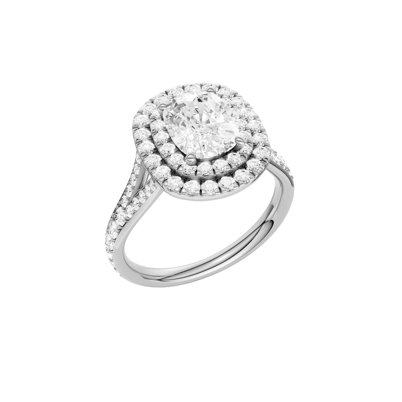 A three-quarter view of the Elongated Cushion cut diamond engagement ring in 14k white gold  with a channel band and double halo setting
