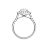 A profile view of the Elongated Cushion cut diamond engagement ring in 14k white gold  with a channel band and double halo setting
